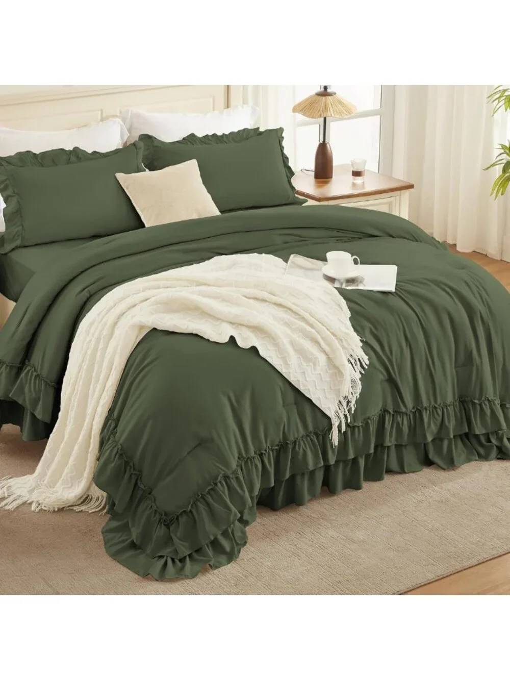 Olive Green Ruffle King Comforter Set - 3 Piece Solid Bedding for Cozy Home